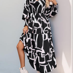 Perfee Smocked Printed Long Sleeve Midi Dress