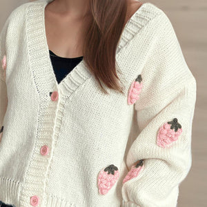 Crochet Strawberry V-Neck Long Sleeve Cardigan