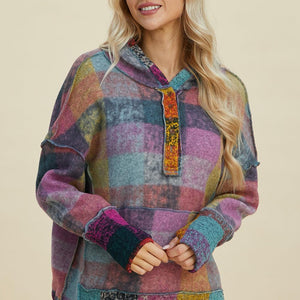 Double Take Full Size Plaid Dropped Shoulder Hoodie