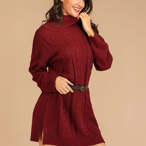 Perfee Slit Turtleneck Long Sleeve Mini Sweater Dress