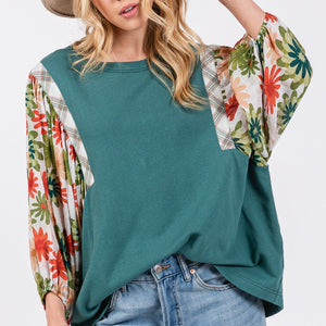 SAGE + FIG Full Size Printed Balloon Sleeve Contrast Top