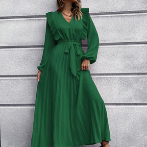 Pleated Surplice Tie Waist Maxi Dress