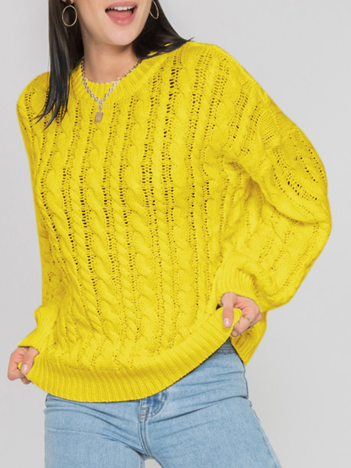 Openwork Round Sleeve Cable-Knit Sweater