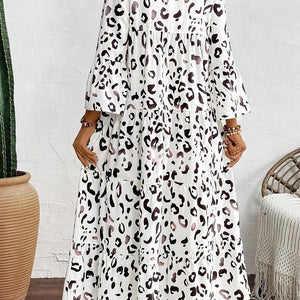 Tiered Leopard Notched Three-Quarter Sleeve Dress