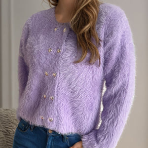 Heart Button Round Neck Cardigan