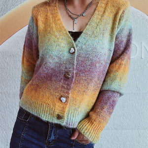 Gradient Heart Shape Button V-Neck Cardigan