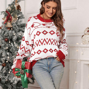 Perfee Contrast Geometric Round Neck Long Sleeve Sweater