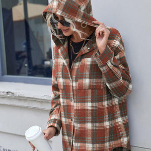 Ivy Lane Plaid Button Up Long Sleeve Hooded Jacket