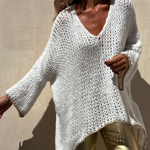 Contrast V-Neck Long Sleeve Sweater