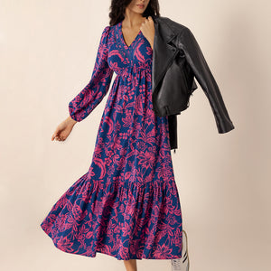 Printed V-Neck Long Sleeve Midi Dress