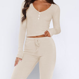 V-Neck Long Sleeve Top and Pants Set