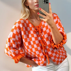 Double Take Tied Checkered Dropped Shoulder Flounce Sleeve Cardigan