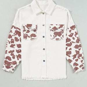 Raw Hem Animal Print Long Sleeve Denim Jacket