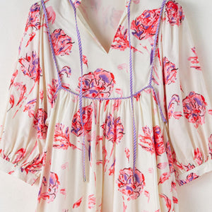 Tied Flower Printed Three-Quarter Sleeve Dress