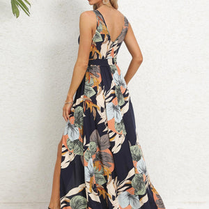 Slit Tied Printed Surplice Dress