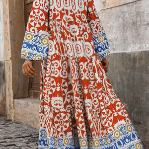 Printed Notched Long Sleeve Maxi Dress