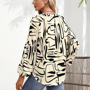 Printed Notched Long Sleeve Blouse