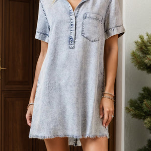 Pocketed Collared Neck Short Sleeve Denim Dress