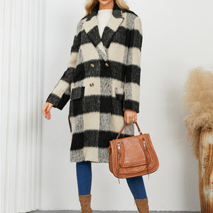 Plaid Double-Breasted Long Sleeve Coat