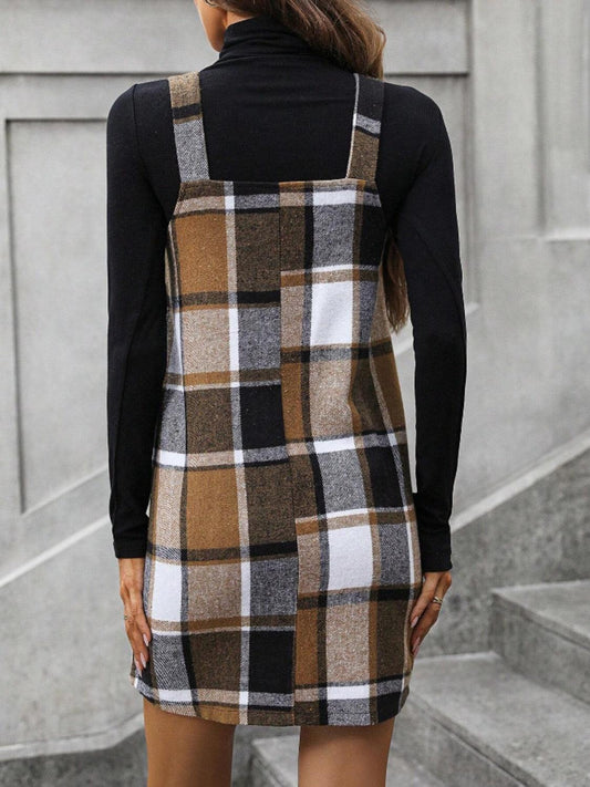 Plaid V-Neck Wide Strap Tank Dress