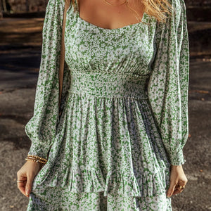 Ruffle Hem Floral Square Neck Long Sleeve Dress