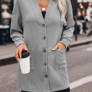 Textured Button Down V-Neck Long Sleeve Cardigan