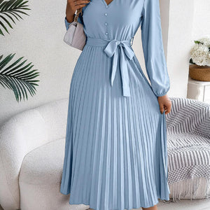 Pleated Tied V-Neck Long Sleeve Dress