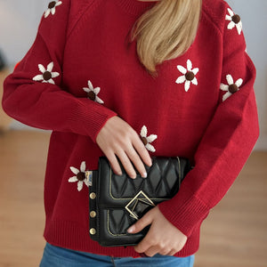 Flower Round Neck Raglan Sleeve Sweater