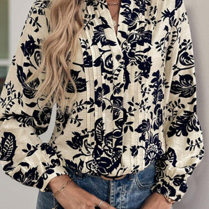 Perfee Printed Notched Long Sleeve Shirt