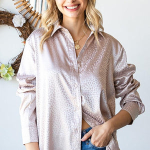 First Love Full Size Ditsy Dot Button Down Collared Satin Shirt