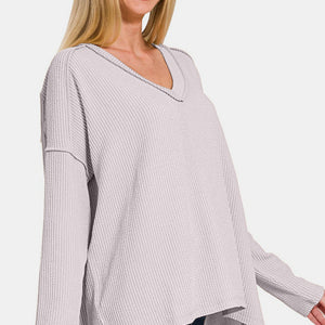 Zenana Texture Exposed Seam V-Neck Long Sleeve T-Shirt