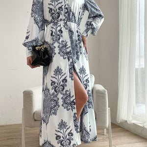 Printed Notched Lantern Sleeve Midi Dress