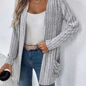 Ribbed Open Front Long Sleeve Cardigan with Pockets