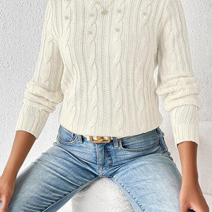 Cable-Knit Round Neck Long Sleeve Sweater