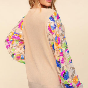 Haptics Floral Sequins Mesh Flounce Sleeve Sweater