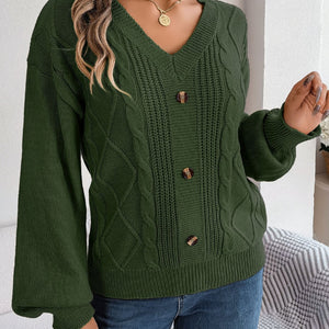 Cable-Knit Buttoned V-Neck Sweater