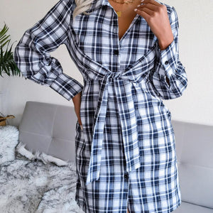 Tied Plaid Long Sleeve Mini Shirt Dress