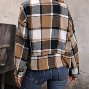 Perfee Plaid Collared Neck Long Sleeve Jacket