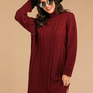 Perfee Slit Turtleneck Long Sleeve Mini Sweater Dress