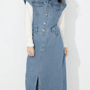 Slit Half Button Collared Neck Cap Sleeve Denim Dress