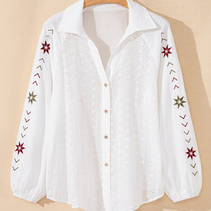 Embroidered Eyelet Collared Neck Long Sleeve Shirt