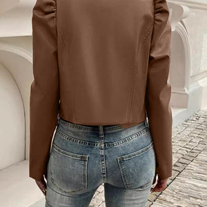 PU Leather Open Front Puff Sleeve Jacket