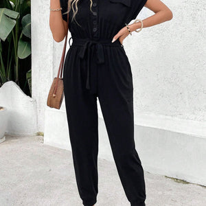 Perfee V-Neck Short Sleeve Jumpsuit