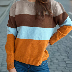 Color Block Round Neck Long Sleeve Sweater