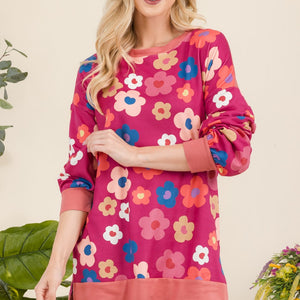 Celeste Full Size Side Slit Flower Print Long Sleeve Top