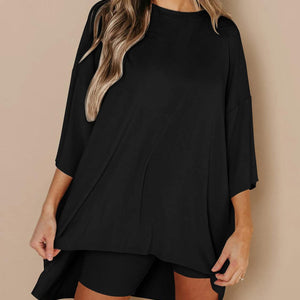 Full Size Round Neck Top and Skinny Shorts Set