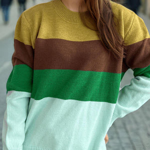 Color Block Round Neck Long Sleeve Sweater