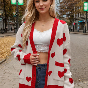 Heart Button Up Dropped Shoulder Long Sleeve Cardigan