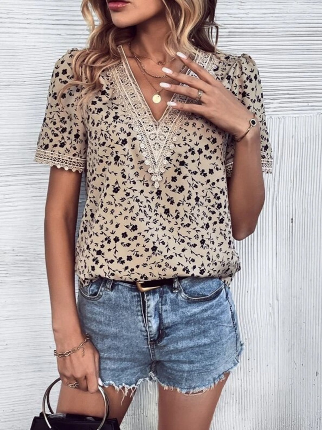 Full Size Printed V-Neck Short Sleeve Blouse