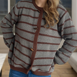 Striped Round Neck Long Sleeve Cardigan